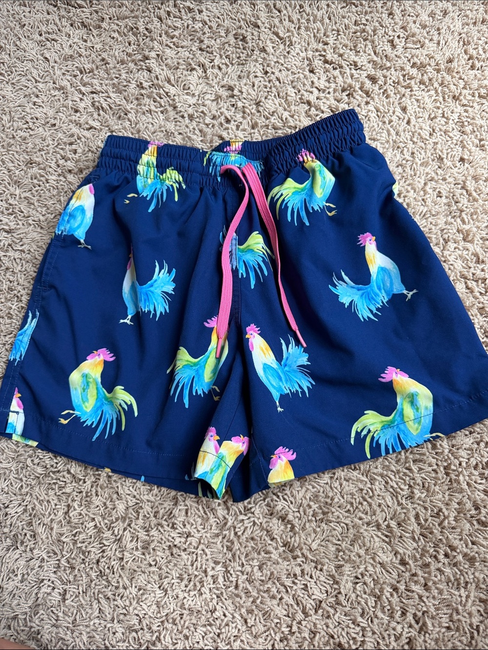 Chubbies Navy Rooster Print Swim Trunks with Pink Drawstring - 5.5” inseam